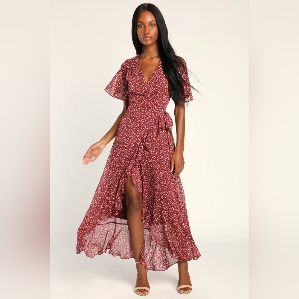 Lulus Good Moments Burgundy Floral Print Split Sleeve Faux-Wrap Dress NWT